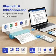 Inkless Portable Thermal Printer, Bluetooth Wireless A4 Printer With 1500mAh Battery, Supports Continuous & Single Thermal Paper, USB & Bluetooth Connection, Compatible With IOS/Android/Windows, Compact Design, Perfect For UK Business Trips, Travel - Mint Green - View 6