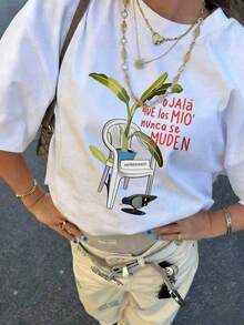 Camiseta de manga corta con cuello redondo, corte holgado, estampado sencillo con eslogan, para mujer, ideal para el verano, vacaciones y uso diario. Camiseta de mujer. Camisa Casual Minimalista Blanca, Camisetas Gráficas, Camisas para Mujer, Playeras de Mujer - Blanco - Ver 3