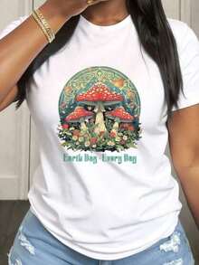 Camiseta de Mujer "Earth Day Every Day", Casual, Manga Corta, Cuello Redondo, con Tela de Elasticidad Media, Adecuada para Atuendos Casuales de Primavera, Verano y Otoño, Lavable a Máquina, Diseño Divertido - Blanco - Ver 7