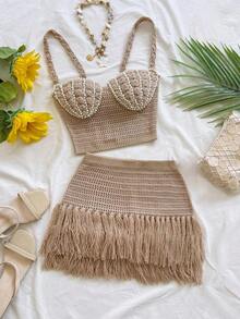 Nuevo conjunto de 2 piezas con corpiño con forma de concha y falda deslizante con dobladillo con flecos, ajustado de cintura baja, estilo bohemio, boho, para vacaciones, otoño, ropa de mujer, vintage, días festivos - Caqui - Ver 1