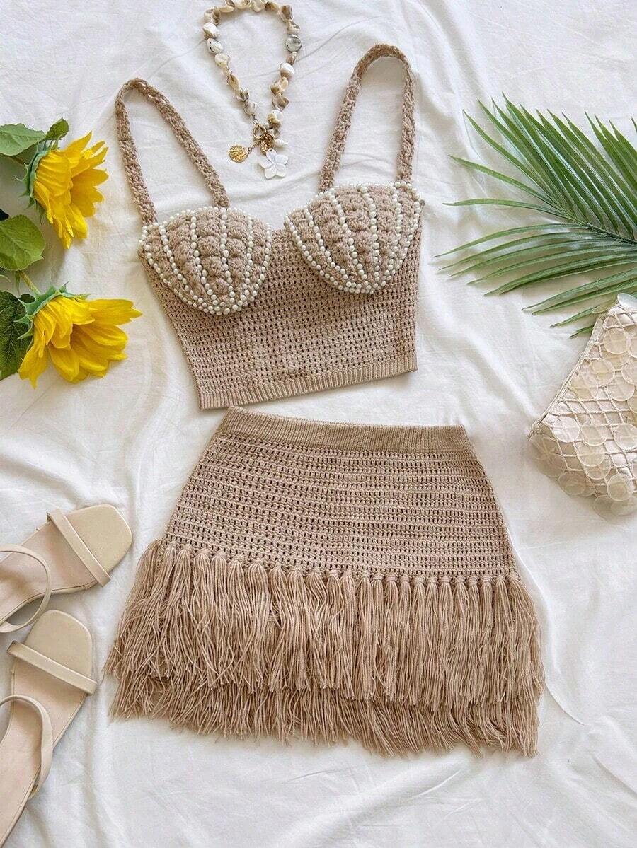 Nuevo conjunto de 2 piezas con corpiño con forma de concha y falda deslizante con dobladillo con flecos, ajustado de cintura baja, estilo bohemio, boho, para vacaciones, otoño, ropa de mujer, vintage, días festivos - Caqui - Ver 1