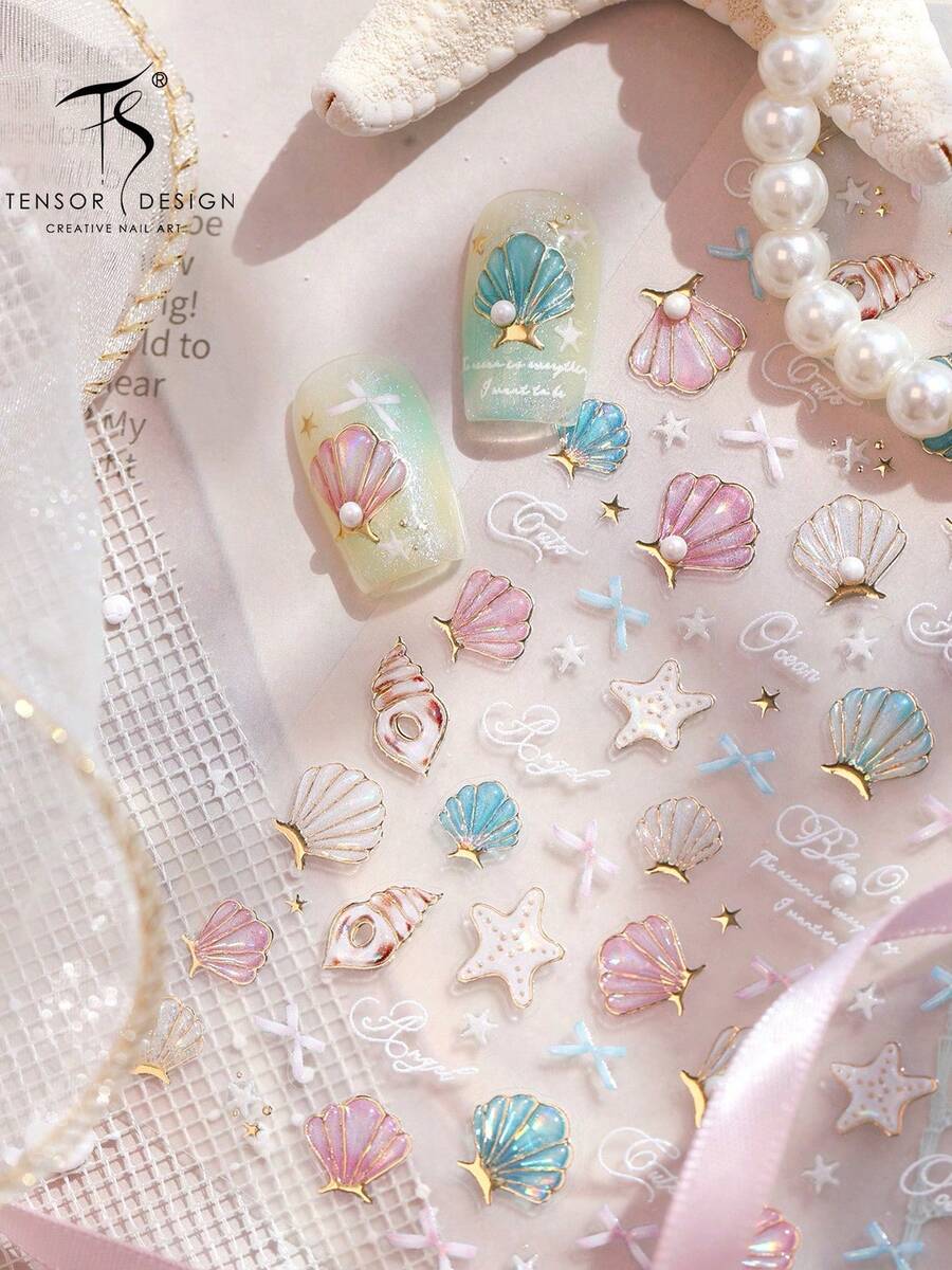 1 Sheet Summer Fresh Pearl Shell Nail Art Stickers, 5D Embossed Holographic Design, Essential Nail Salon Accessory