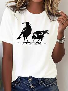 Australian Magpie Pure Cotton T-Shirt, Women's Pure Cotton Printed T-Shirt, Comfortable And Versatile, Casual Short Sleeve Plain White T-Shirt. - 白色 - 查看 1