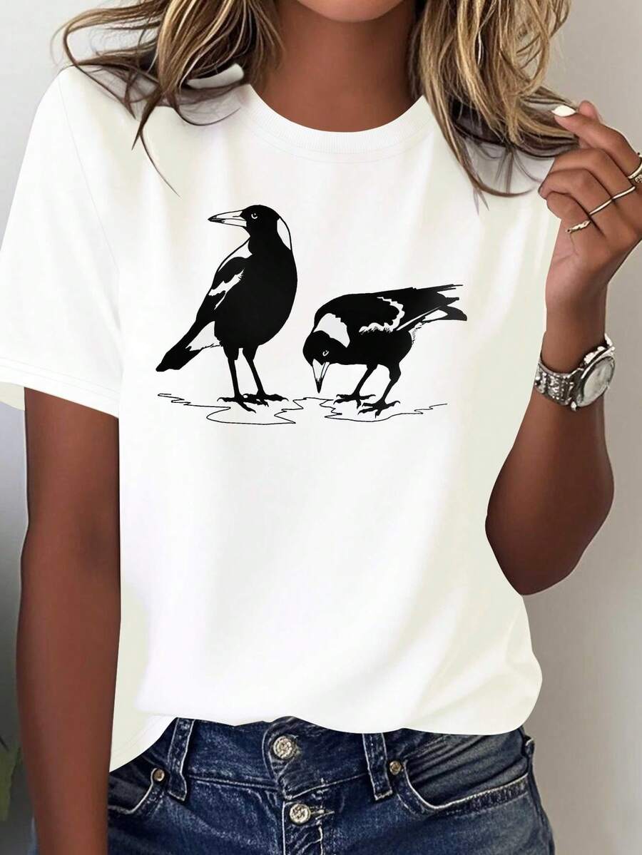 Australian Magpie Pure Cotton T-Shirt, Women's Pure Cotton Printed T-Shirt, Comfortable And Versatile, Casual Short Sleeve Plain White T-Shirt. - 白色 - 查看 1