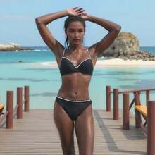 Traje de baño bikini sexy para mujer con tirantes, ajustado, de cintura alta, adelgazante, adecuado para vacaciones en la playa. - Negro - Ver 3