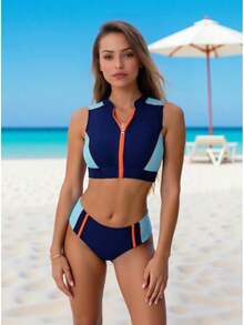 Nuevo traje de baño de dos piezas con cremalleras de colores contrastantes, de cintura alta, estilo deportivo y adelgazante para mujeres, adecuado para vacaciones en la playa y natación. - Azul - Ver 7