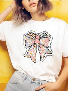 1 pieza de camiseta de mujer blanca de algodón puro con diseño de lazo de zanahoria de Pascua, 180g, 100% algodón. - blanco - Ver 6