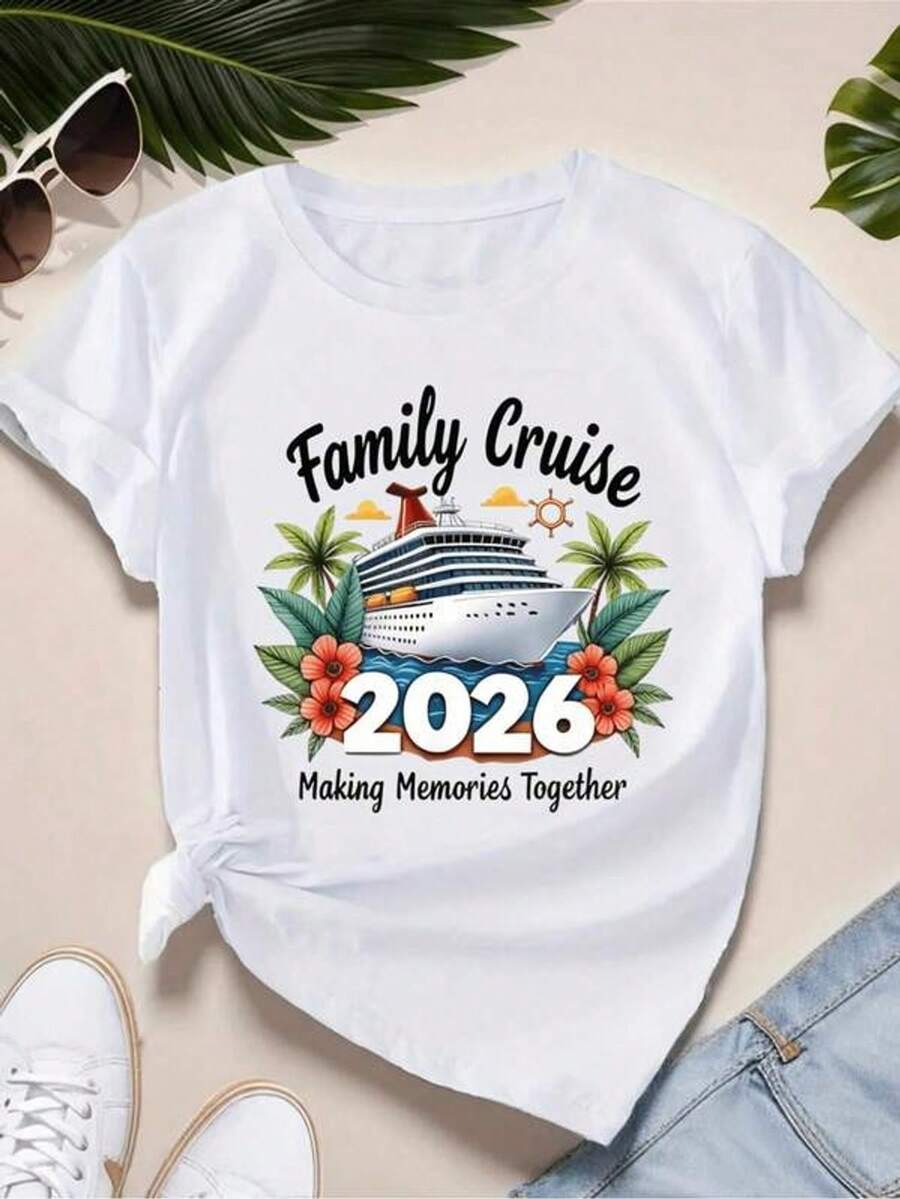 Black T-Shirts, Family Cruise 2026, Vacation Trip, Matching Family Cruise Gift, Women's Short Sleeve Crew Neck T-Shirt, Fashion Graphic Tees For Women - 白色 - 查看 1