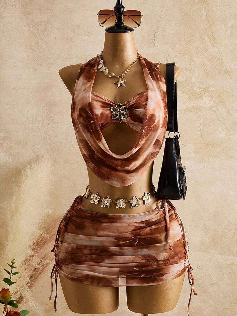 Women's Spring And Summer Beachwear Set, Featuring A Printed Mesh Tank Top With A Deep Neckline And Gold Flower Embellishment, And A Fitted Bodysuit Skirt. Earth-Toned Dress, Scarf, And Slip Dress Set For Vacation. - 多色 4 - 查看 1