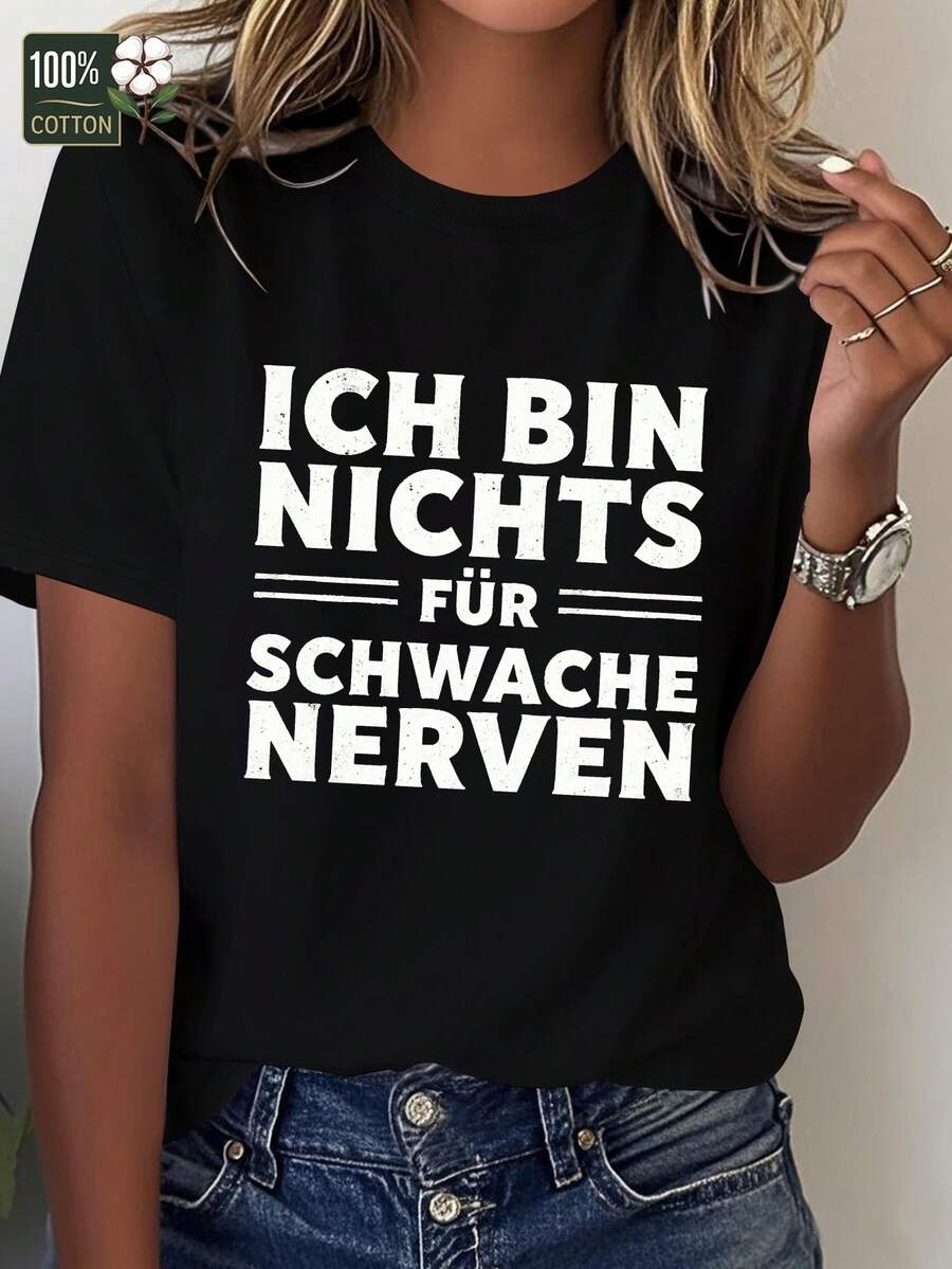 Camiseta de Mujer Cómoda con Frase Alemana Audaz y Diseño Fuerte - Negro - Ver 1