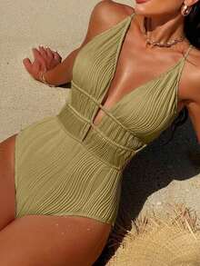 Traje de baño de una pieza con diseño de espalda descubierta, de unicolor, fashionable, para playa de verano, color blanco - Verde militar - Ver 6