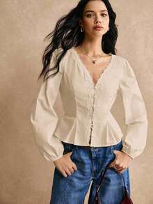 Camisa de algodón blanco con detalles de botones y bordado de encaje en la cintura, camisa de manga larga, camisa de cintura, blusa de encaje, camisa de encaje, camisa de algodón, detalles de cintura elegantes, para uso diario, salida de trabajo, - Albaricoque - Ver 7