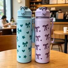 1pc 750ml Minimalist Bow Print Summer Water Bottle With Straw, Suitable For Sports, Outdoor, Home, Office, School, Portable And Suitable As A Gift - Clear - View 3