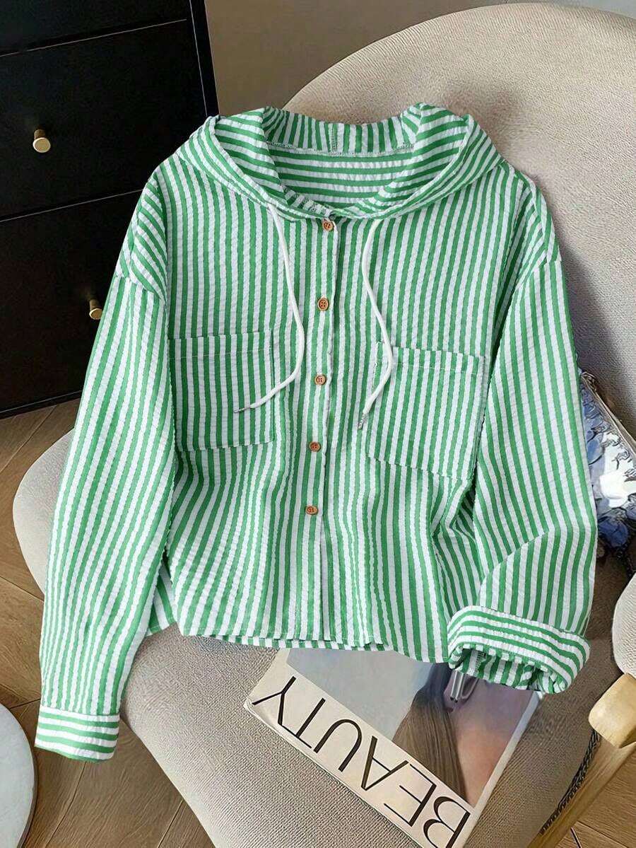 Camisa con capucha de protección solar de corte holgado a rayas azules de talla grande - Verde Oliva - Ver 1