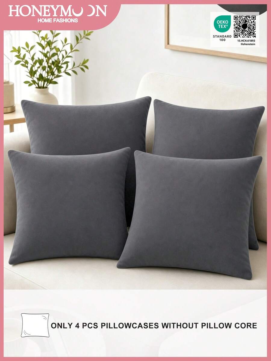 4pcs Plaid Pillow Covers With Invisible Zipper, Soft Modern Style, Suitable For Living Room, Bedroom, Sofa Decor, Machine Washable, Oeko-Tex Certified - Dark Grey - View 1