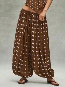 Pantalones sueltos de mujer con cordón y estampado de lunares tejido informal - Marrón - Ver 5