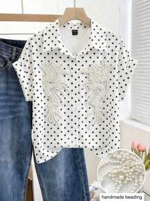 Camisa casual versátil de uso diario con un solo pecho, decorada con lunares y perlas falsas para mujer - Multicolor 2 - Ver 6