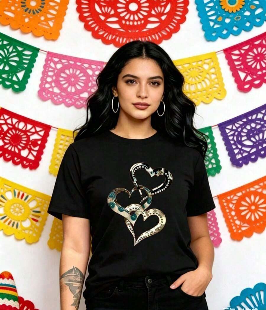 El estampado presenta un diseño en forma de corazón, una camiseta casual de manga corta y cuello redondo para mujer, adecuada para el uso diario en verano - Camiseta unisex de algodón holgada de manga corta y cuello redondo estilo vintage urbano. - Negro - Ver 1