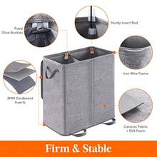 Lifewit Cesta Doble para Ropa Sucia con Tapa y Bolsas de Lavandería Extraíbles Grande Plegable Cesto para la Ropa Sucia con 2 Compartimientos y Asas para Dormitorio Baño Cuarto de Lavado Gris - Gris - Ver 3