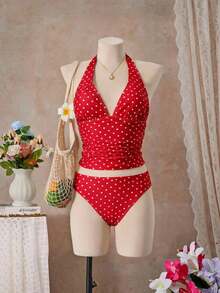 Women's Sexy Polka Dot Print Tie-Neck Tankini Swimsuit With Open Back, Suitable For The Beach And Vacation - 紅色的 - 查看 5