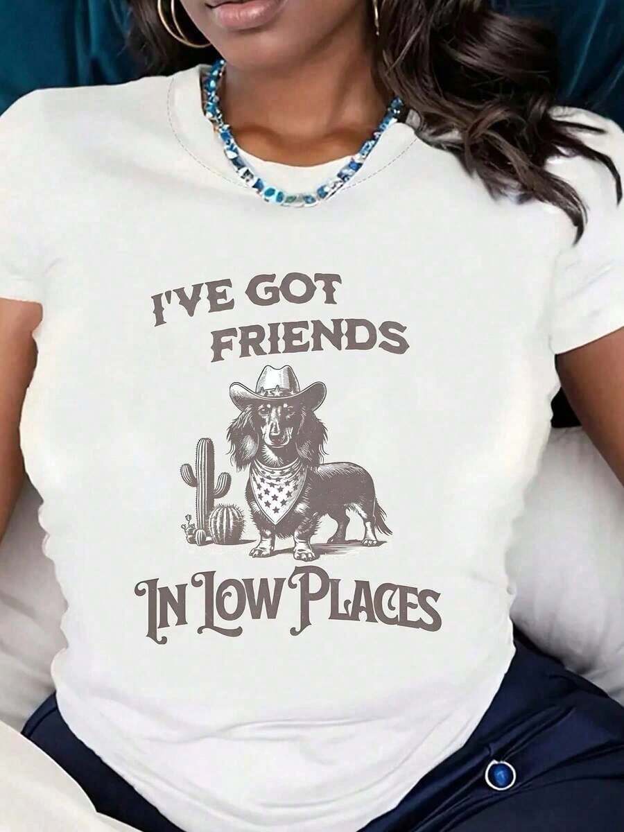 ropa de mujer Camiseta de manga corta para mujer con estampado gráfico de "GOT FRIENDS IN LOW PLACES", diseño de perro, sombrero de vaquero y cactus, ropa casual, tela cómoda, perfecta como regalo, camisas de mujer - Blanco - Ver 1