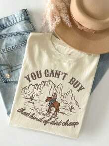 Camiseta gráfica occidental para mujer, estilo occidental campestre del desierto, estilo de festival de música country, camiseta gráfica de cuello redondo con estampado occidental de moda para mujerPure-Cotton - Albaricoque - Ver 5