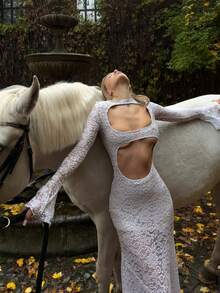 Vestido largo de encaje transparente con corte en cintura manga abullonada diseño sensual - Blanco - Ver 5