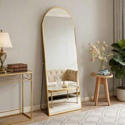 59"X16" High-Quality Arched Full Length Mirror, Aluminum Alloy Frame Ensures Stability, Standing Design For Bedroom, Gold