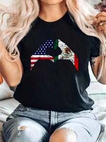 Camiseta 100% Algodón con Estampado de Bandera de México, Estilo Vintage Mexicano, Cuello Redondo, Manga Corta, para Mujer, Casual, Verano, Camisetas Gráficas para Mujer, Estilo Urbano Vintage, Unisex, Holgada, de Algodón, Manga Corta, Cuello Redondo, Ropa de Verano para Mujer, playeras de mujer - Negro - Ver 7