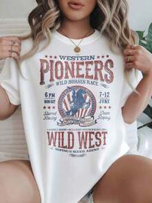 Women's Clothing: Casual T-Shirt With Modern Print, Western Pioneers Wild Horses Race Rodeo Event Style, Suitable For All Seasons

-White Women's Shirts - 白色 - 查看 6
