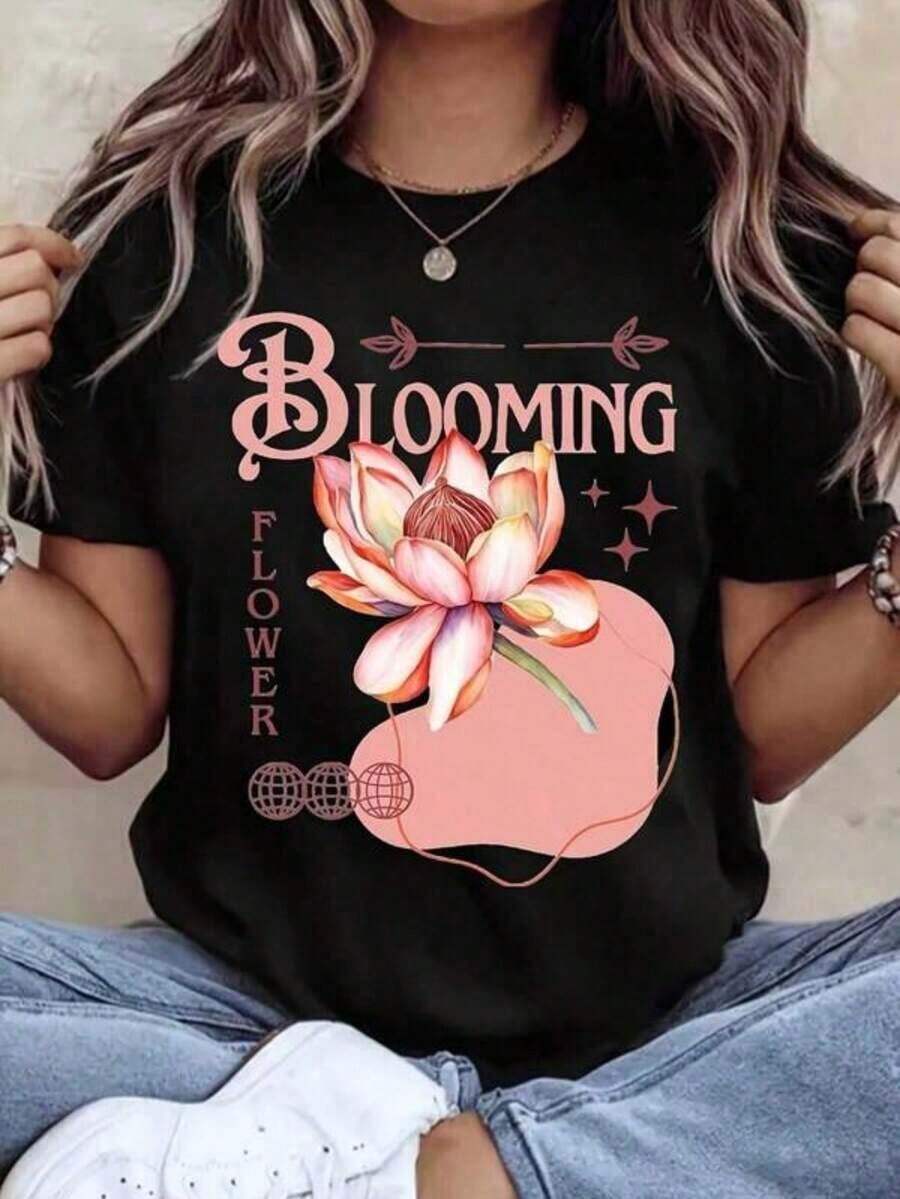 Camisetas Casuales para Mujer, Camiseta de Cuello Redondo con Estampado de Flores para Mujer, Manga Corta, Top Casual de Verano para Uso Diario y Salidas, Camiseta para Mujer, Estilo Y2K, Camisetas de Moda de Verano, Conjuntos y Tops Casuales de Estilo Urbano. - Negro - Ver 1