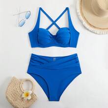 Traje de baño bikini de cintura alta de color sólido y estilo sexy, nuevo en - Azul - Ver 10