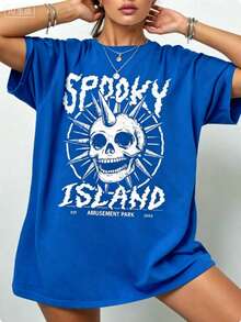 Gothic Punk Cotton T-Shirt,Spooky Island Skull Graphic Tee,Womens Street Concert Summer Top,Short Sleeve,Dark Aesthetic,Y2K Style,Edgy Fashion - 藍色 - 查看 7
