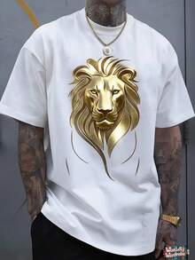 Lion Print T-Shirt,  Men's T-Shirt, Simple Graphic T-Shirt, Casual And Versatile, Simple White T-Shirt, Pure Cotton, Summer T-Shirt, - Multicolor - View 2