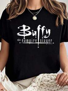 Camiseta holgada 100% algodón de Buffy, la cazadora de vampiros, con logo de texto blanco clásico de los años 90, camisetas de verano para mujer, camiseta básica de algodón con cuello redondo para mujer. - Negro - Ver 1