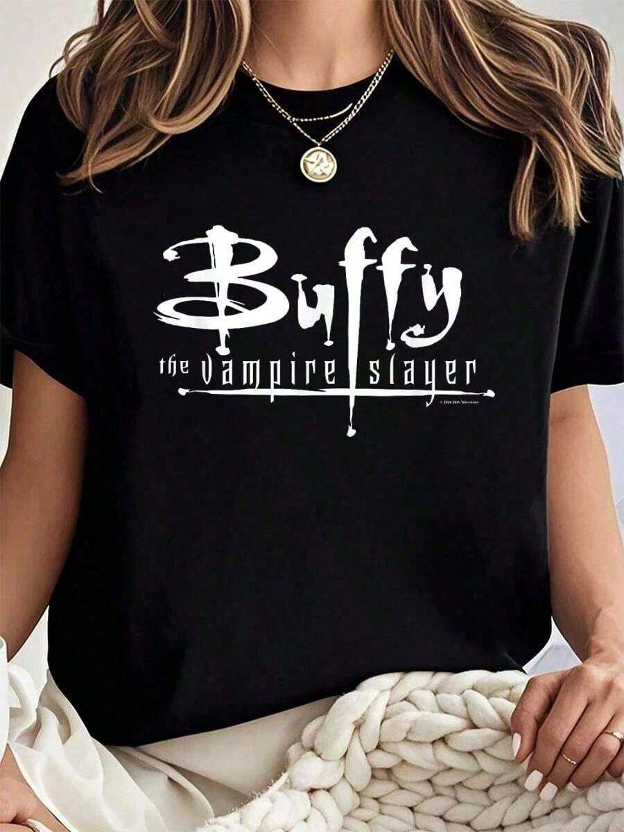 Camiseta holgada 100% algodón de Buffy, la cazadora de vampiros, con logo de texto blanco clásico de los años 90, camisetas de verano para mujer, camiseta básica de algodón con cuello redondo para mujer. - Negro - Ver 1