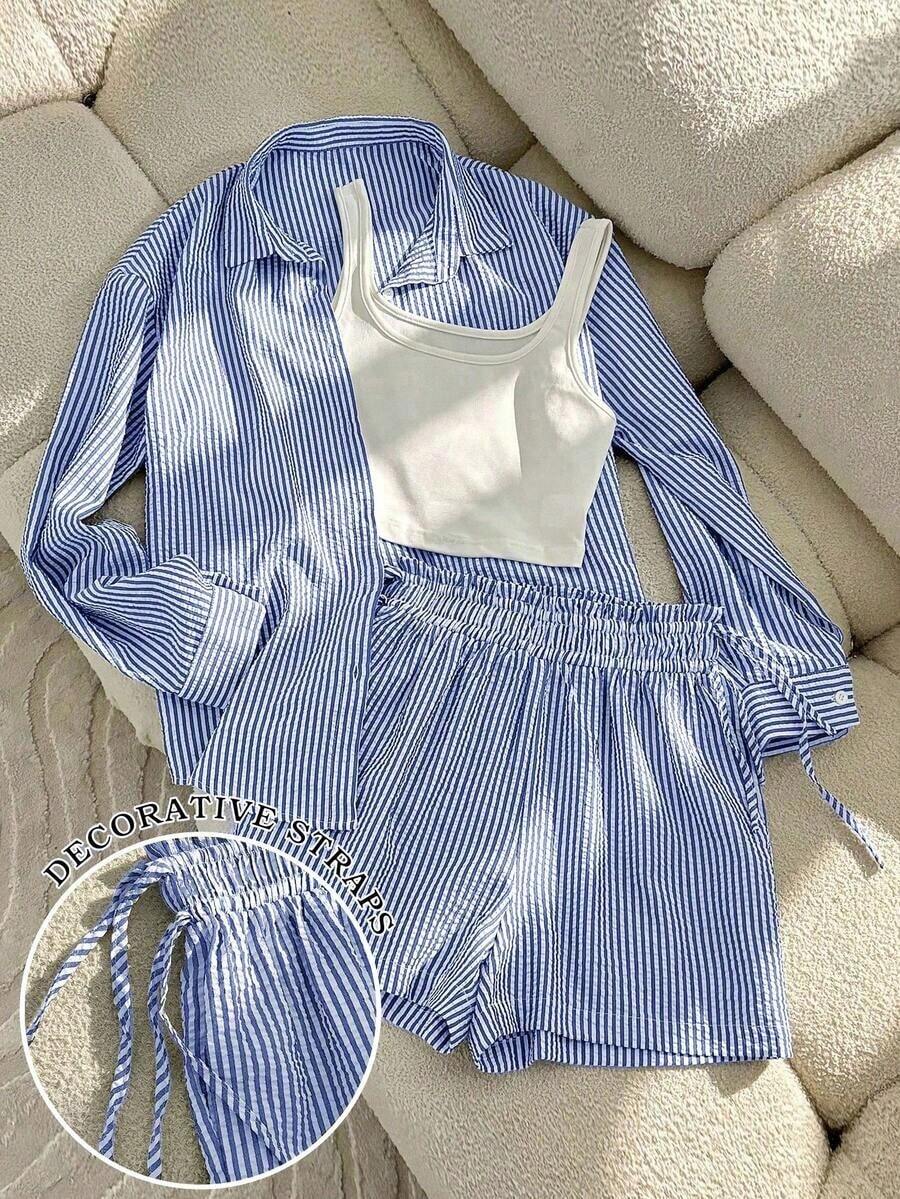 Conjunto casual diario de mujer con camiseta de tirantes de unicolor y blusa de manga larga a rayas de solapa única con pantalones cortos - Azul - Ver 1