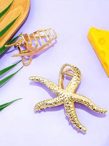 2件組夏季金屬海星髮夾，專為女性設計，適合日常聚會、度假，適用於所有髮質的夏季髮飾海灘抓夾 - 金色 - 查看 4