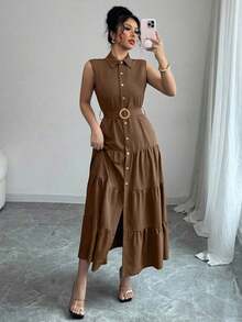 Women's Single-Breasted Sleeveless Shirt Dress With Ruffled Hem In Solid Color - Brown - View 6