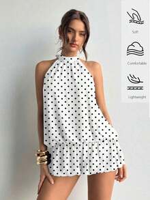 casual de verano para mujer con cuello halter, unicolor y volantes en el bajo - Blanco 2 - Ver 1