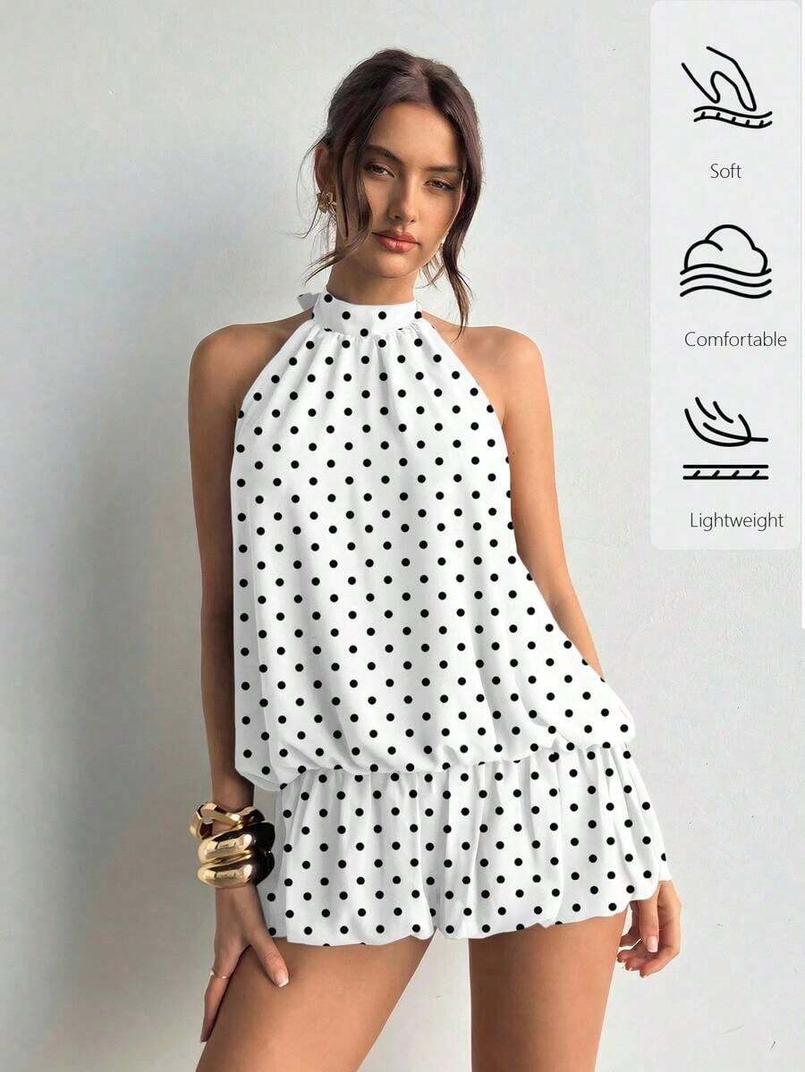 casual de verano para mujer con cuello halter, unicolor y volantes en el bajo - Blanco 2 - Ver 1