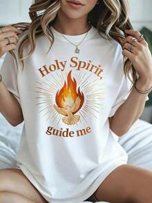 Elegante y casual para mujer, manga corta, camiseta "Holy Spirit Guide Me" con estampado religioso cristiano de llama y paloma, ropa casual negra para mujer, primavera verano. - Blanco - Ver 8