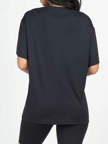 Camiseta de algodón puro con estampado de letras a la moda, talla grande para mujer. - Negro - Ver 4