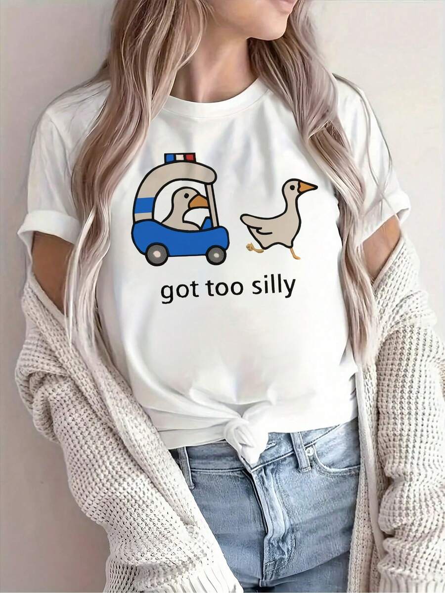 Soft 100%cottonT-shirtWomen'S Casual Crew Neck T-Shirt with Got Too Silly Duck Graphic | Breathable Short Sleeve Summer Top, White with Blue Bird & Yellow Car Design, Lightweight for Casual Attire, All-seasonBreathable Cotton Tee, All Matchcool - Blanco - Ver 1