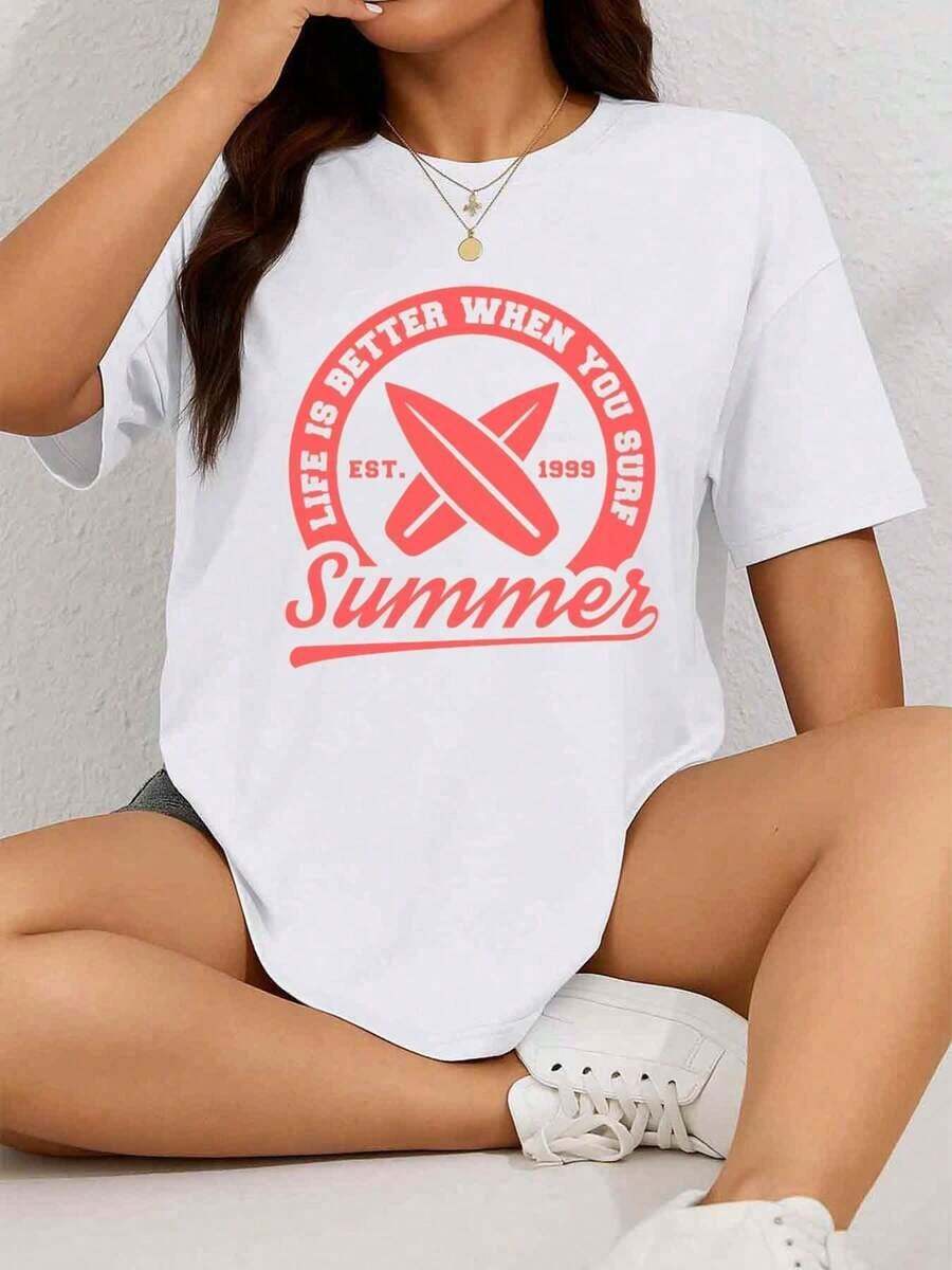 Camiseta de Verano para Mujer, Manga Corta, Ligera, Cuello Redondo, Ropa Casual de Playa, Blanca, para Surf, Natación y Atuendos de Verano - Lavable a Máquina, Blusa Básica Elegante - Blanco - Ver 1