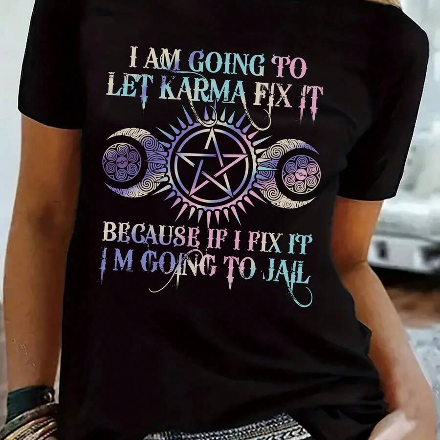 Camiseta con estampado gráfico, top casual de manga corta y cuello redondo para verano y primavera, ropa de mujer - negro - Ver 1