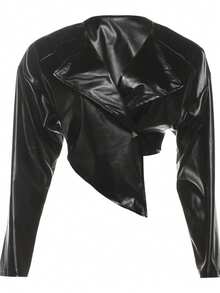 Chaqueta de cuero PU lisa diseño cinturado corto al ombligo estilo moderno para mujer - Negro - Ver 9