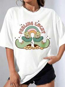 Camiseta Negra y Blanca para Niña, Estilo Oversize, con Estampado de Arcoíris Blanco y Botas de Leprechaun para la Fiesta del Día de San Patricio, Ropa Casual para Fiestas al Aire Libre, Camiseta Estampada de 180g - Blanco - Ver 1
