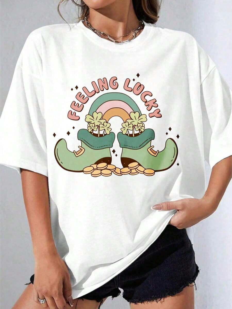 Camiseta Negra y Blanca para Niña, Estilo Oversize, con Estampado de Arcoíris Blanco y Botas de Leprechaun para la Fiesta del Día de San Patricio, Ropa Casual para Fiestas al Aire Libre, Camiseta Estampada de 180g - Blanco - Ver 1