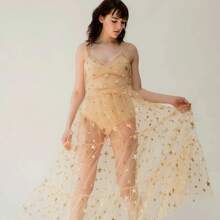 Vestido de playa con estampado de estrellas hasta el tobillo con tirantes finos para mujer, Vestidos de verano sin mangas con cuello en V, Vestidos fruncidos de malla de encaje para mujer - Aire - Ver 4